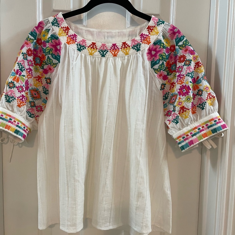 THML White Peasant Blouse with Colorful Floral Embroidery